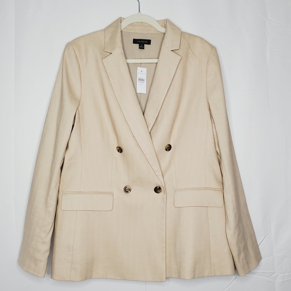 Ann Taylor Double-Breasted Blazer 12 Tall Herringbone Linen Blend Jacket NEW - Picture 2 of 14